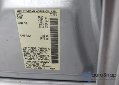 2014 Nissan Altima 2.5 Sv z USA, uszkodzony, nr VIN 1N4AL3AP8EC104692